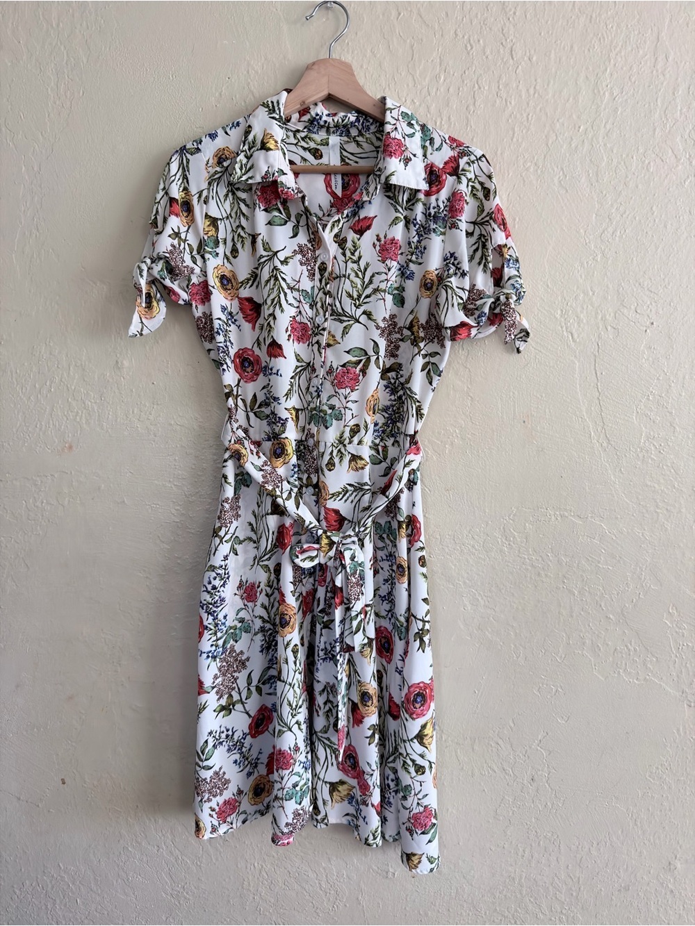 NY Collection White Midi Shirt Dress with Red, Pink and Yellow Floral Print